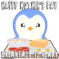 a penguin is holding a tray of food with the words happy mother 's day breakfast is ready
