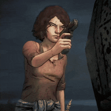 a woman in a video game is pointing a gun