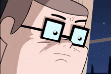 a close up of a cartoon character wearing glasses and making a face