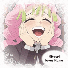 a picture of a girl with pink hair and the name mitsuri loves raine on the bottom