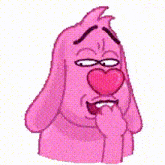 a pink cartoon dog with a heart in its mouth and a sad face .
