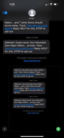 a phone screen shows a message from walmart that says great news your mountain dew major melon arrived