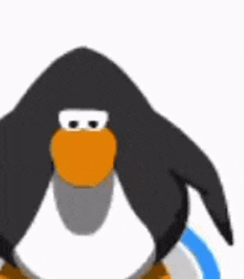 a black and white penguin with an orange beak is standing on a blue circle .