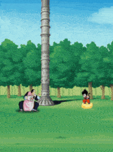 a cartoon of a man and a woman standing in front of a tower