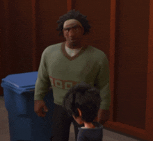 a man in a green sweater with the word big hero on it waves