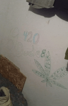 a drawing of a marijuana leaf with the words 420 dudes written on the wall