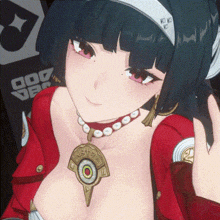 a close up of a girl wearing a red jacket and necklace