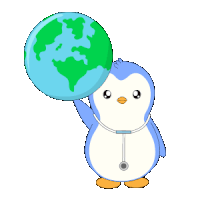 a penguin with a stethoscope around its neck is holding a green globe