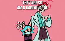 a cartoon of a man holding a pink heart with the words they are so am x harlou core