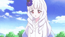 a girl with white hair and a flower in her hair
