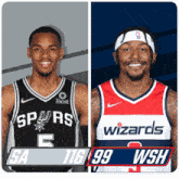 two basketball players one from the spurs and the other from the wizards pose for a photo