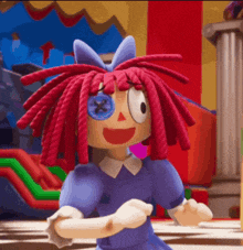an animated doll with red hair and a blue eye has a button on her eye