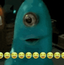 a blue monster with a single eye is standing next to a row of smiley faces .