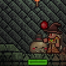 a pixel art of a wizard holding a red ball