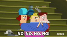 three cartoon characters are standing next to each other with the words no no no no written on the bottom