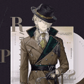 a man wearing a hat and a trench coat is standing in front of a sign that says tdnhxkb