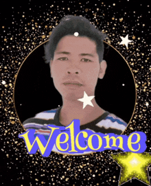a picture of a man in a circle with the words welcome