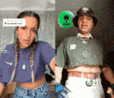 a woman in a purple crop top is next to a man in a green crop top