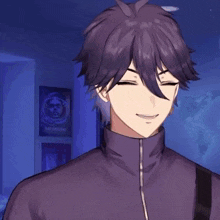 a young man with purple hair is smiling with his eyes closed .