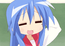 a girl with blue hair is making a funny face with her tongue out