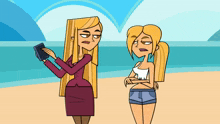 a cartoon of two women standing on a beach one holding a book