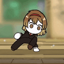 a cartoon of a girl in a suit kneeling down