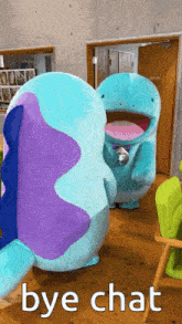 a couple of stuffed animals standing next to each other with the words bye chat written below them