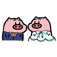 a couple of pigs standing next to each other wearing tuxedos and dresses
