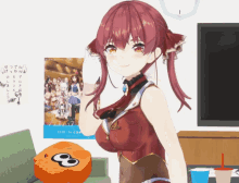a girl with red hair stands in front of a poster that says ' happy birthday ' on it