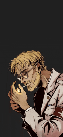 a drawing of a man lighting a cigarette with a black background