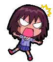a cartoon girl with purple hair is sitting down with her mouth open and making a funny face .