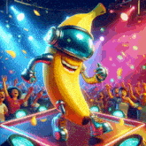 a cartoon of a banana wearing a helmet and headphones