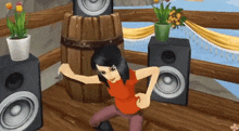 a cartoon girl is dancing in front of speakers and a wooden barrel