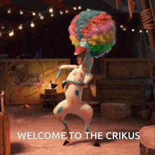 a giraffe in a clown costume is dancing with the words welcome to the cirkus below