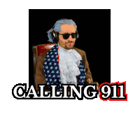 a man in an american flag costume is talking on a telephone with the words " calling 911 " below him