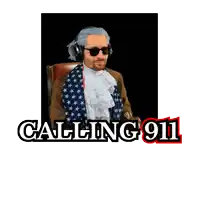 a man in an american flag costume is talking on a telephone with the words " calling 911 " below him