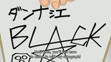 a cartoon character holding a sign that says black on it
