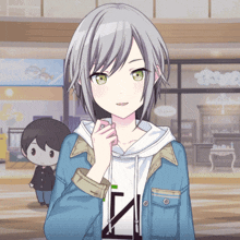 a girl with gray hair and green eyes is standing in front of a store with a sign that says ' n '