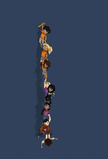 a cartoon of a group of kids standing upside down on a blue background