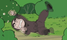 a cartoon character is laying on his back in the grass with trees in the background .