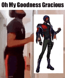 a man with a beard is standing next to a picture of a man with a bird mask on his face .