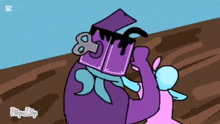 a cartoon character is holding a purple box with a key on top of it .