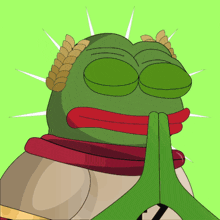 a green frog with a laurel wreath on its head is praying
