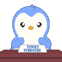 a cartoon penguin is sitting at a table with a sign that says pudgy penguins