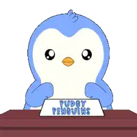 a cartoon penguin is sitting at a table with a sign that says pudgy penguins