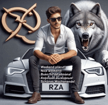 a man sits on the hood of a car with a wolf in the background