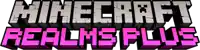 the logo for minecraft realms plus is pink and gray