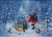 a painting of santa and a little girl with the words winter wonderland written above them