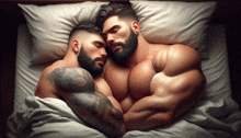 two muscular men sleeping on a bed with their arms around each other