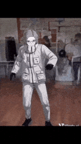 a drawing of a person wearing a white jacket and pants with the letter a on the front